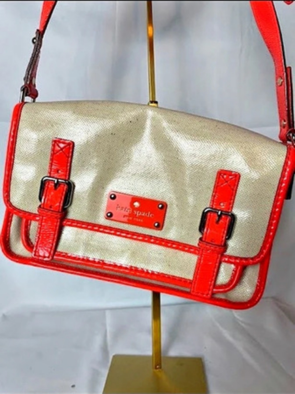 Kate Spade Metallic Champagne Neon Coral Crossbody Messenger Bag Y2K